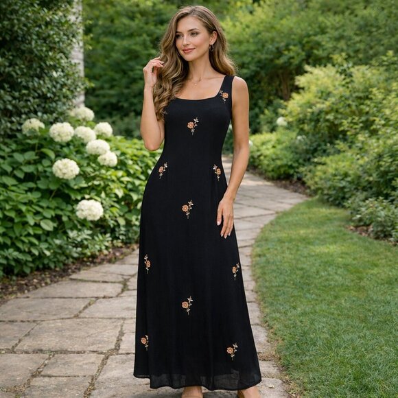 Variations Dresses & Skirts - Vintage Maxi Dress Lrg Variations Sheath Embroidery Flower Sheer Lined Y2K 90's